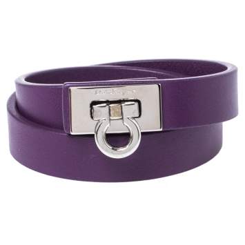 Pre Owned Salvatore Ferragamo Purple Leather Gancini Lock Double Wrap Bracelet