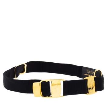 Pre Owned Salvatore Ferragamo Black Canvas Metal Link Belt 90CM