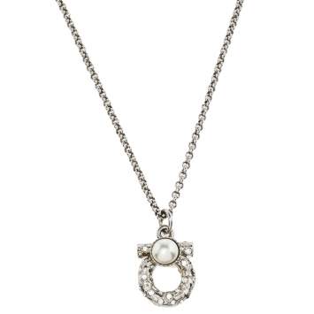 Pre Owned Salvatore Ferragamo Crystal & Faux Pearl Gancini Neckalce
