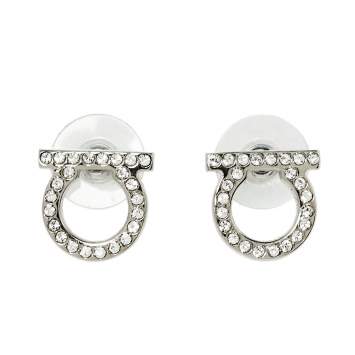 Pre Owned Salvatore Ferragamo Silver Tone Crystal Gancini Stud Earrings