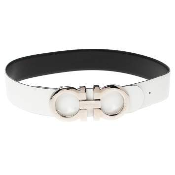 Pre Owned Salvatore Ferragamo White Leather Gancini Buckle Waist Belt 80 CM