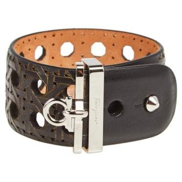 Pre Owned Salvatore Ferragamo Dark Brown Leather Wicker Patterned Wide Bracelet