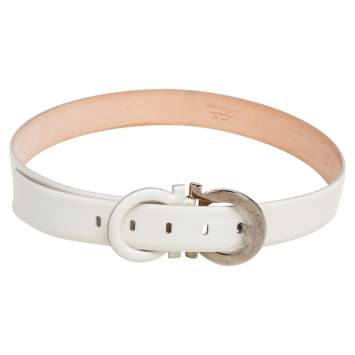 Pre Owned Salvatore Ferragamo White Patent Leather Gancini Buckle Belt 85CM