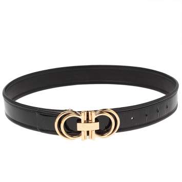 Pre Owned Salvatore Ferragamo Black Patent Leather and Leather Trim Gancini Buckle Belt 90CM