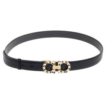 Pre Owned Salvatore Ferragamo Black Leather Gancini Buckle Belt 90CM