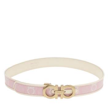 Pre Owned Salvatore Ferragamo Pink/White Canvas and Leather Gancini Buckle Cut to Size Belt