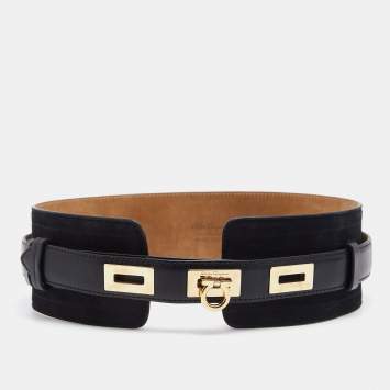 Pre Owned Salvatore Ferragamo Black Suede and Leather Gancino Turnlock Waist Belt 70CM