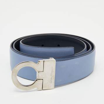 Pre Owned Salvatore Ferragamo Navy/Light Blue Leater Single Gancio Reversible Belt Size 85cm