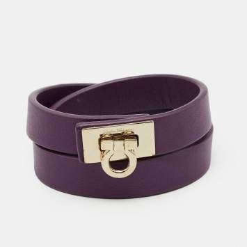 Pre Owned Salvatore Ferragamo Gancini Lock Purple Leather Gold Tone Wrap Bracelet