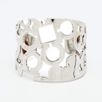 Pre Owned Salvatore Ferragamo Silver Tone Gancini Wide Cuff Bracelet