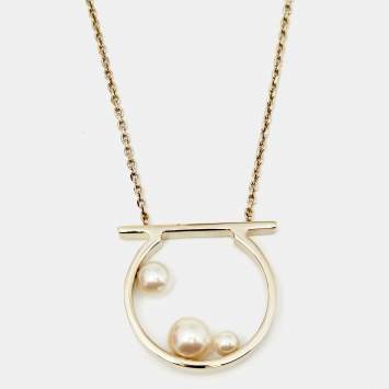 Pre Owned Salvatore Ferragamo Gold Tone Gancini Faux Pearl Pendant Necklace