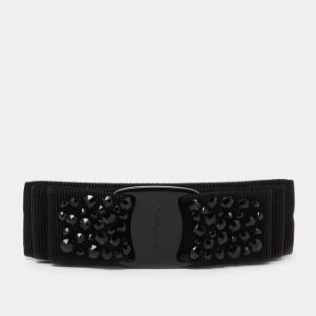 Pre Owned Salvatore Ferragamo Black Vara Bow Crystal Hair Clip