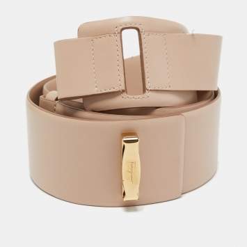 Pre Owned Salvatore Ferragamo Beige Leather Vara Bow Wide Waist Belt 70CM