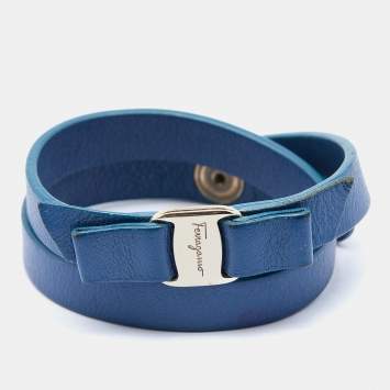 Pre Owned Salvatore Ferragamo Blue Leather Vara Bow Double Tour Bracelet