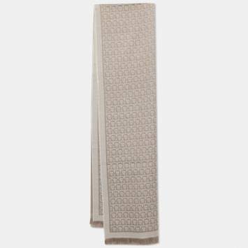 Pre Owned  Salvatore Ferragamo Beige Logo Jacquard Wool Shawl