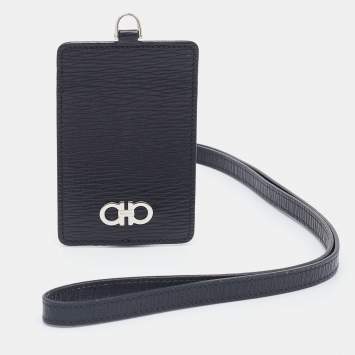 Pre Owned Salvatore Ferragamo Black/Blue Leather Lanyard ID Card Holder