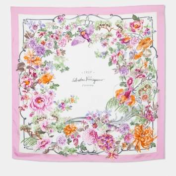 Pre Owned Salvatore Ferragamo Pink & White Floral Printed Silk Square Scarf