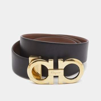 Pre Owned Salvatore Ferragamo Black/Brown Leather Gancini Reversible Cut to Size Belt 