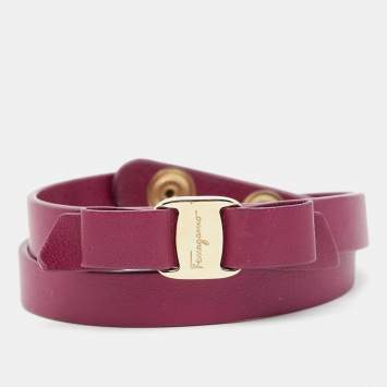 Pre Owned Salvatore Ferragamo Vara Bow Leather Gold Tone Double Wrap Bracelet