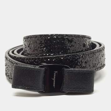 Pre Owned Salvatore Ferragamo Black Glitter Leather Vara Bow Waist Belt 