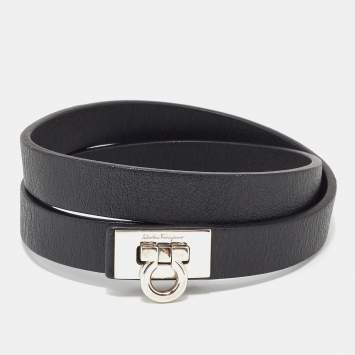Pre Owned Salvatore Ferragamo Leather Silver Tone Wrap Bracelet