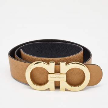 Pre Owned Salvatore Ferragamo Black/Brown Leather Gancio Reversible Belt 90CM
