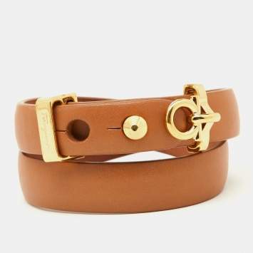 Pre Owned Salvatore Ferragamo Gold Tone Brown Leather Wrap Bracelet