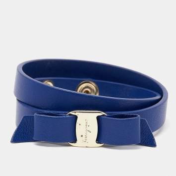 Pre Owned Salvatore Ferragamo Leather Vara Bow Gold Tone Bracelet