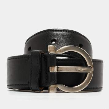 Pre Owned Salvatore Ferragamo Black Leather Gancini Buckle Belt 75CM
