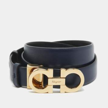 Pre Owned Salvatore Ferragamo Navy Blue/Black Leather Gancini Cut to Size Belt