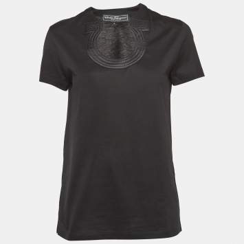 Pre Owned Salvatore Ferragamo Black Cotton Knit Gancini Patterned Neck T-Shirt S