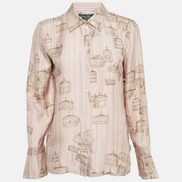 Pre Owned Salvatore Ferragamo Pink Bird Cage Print Silk Ruffled Shirt M