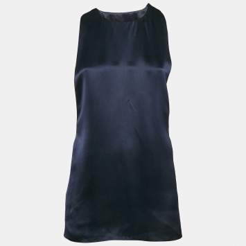 Pre Owned Salvatore Ferragamo Navy Blue Satin Silk Lace-Up Detail Sleeveless Top L