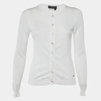 Pre Owned Salvatore Ferragamo Ivory Cotton Knit Button Front Cardigan XS 