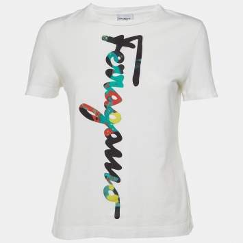 Pre Owned Salvatore Ferragamo White Logo Cotton Crewneck T-Shirt M