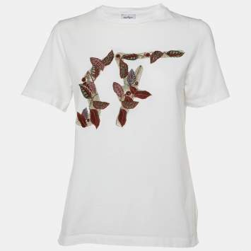 Pre Owned Salvatore Ferragamo White Logo Embroidered Cotton Crewneck T-Shirt L