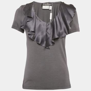 Pre Owned Salvatore Ferragamo Grey Knit & Silk Ruffle Neck Top L