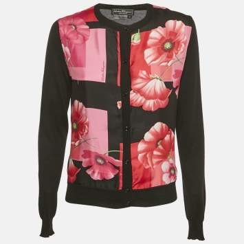 Pre Owned Salvatore Ferragamo Black Wool & Silk Floral Print Cardigan S