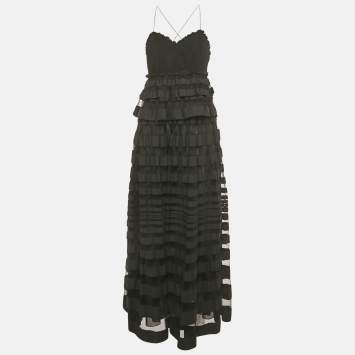 Pre Owned Salvatore Ferragamo Black Ruffled Sleeveless Long Dress S