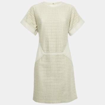 Pre Owned Salvatore Ferragamo Light Grey Patterned Cotton and Leather Short Dress M 