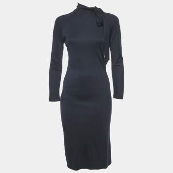 Pre Owned Salvatore Ferragamo Navy Blue Wool Bow Detail Midi Dress S