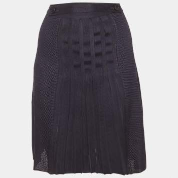 Pre Owned Salvatore Ferragamo Navy Blue Stretch Knit Pleated Mini Skirt M