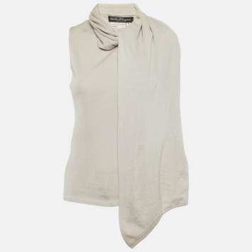 Pre Owned توب سالفاتوري فيراغامو رمادي محبوك بتفاصيل وشاح مقاس متوسط