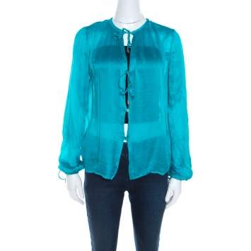 Pre Owned Salvatore Ferragamo Teal Blue Silk Plisse Long Sleeve Shirt S