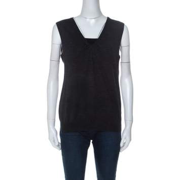 Pre Owned Salvatore Ferragamo Charcoal Grey Knit and Floral Printed Silk Sleeveless Top XL