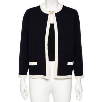 Pre Owned Salvatore Ferragamo Midnight Blue Knit Gancini Buckled Collar Detail Jacket L