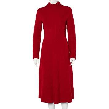 Pre Owned Salvatore Ferragamo Red Rib Knit Paneled Maxi Dress L