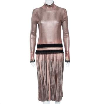 Pre Owned Salvatore Ferragamo Rose Gold Lurex Knit & Coated Long Sleeve Pleated Dress M