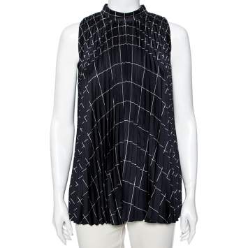 Pre Owned Salvatore Ferragamo Navy Blue Windowpane Printed Silk Pleated Top M