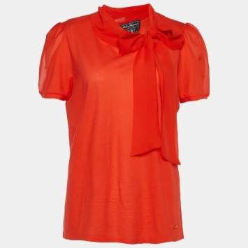Pre Owned Salvatore Ferragamo Orange Jersey Knit Bow Detail Blouse XL
